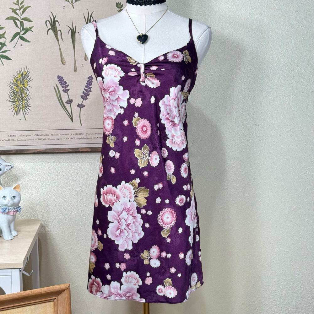 Vtg Y2k Purple Floral Sheer Side Lace Satin Mini Slip Dress Fairy Garden Party M